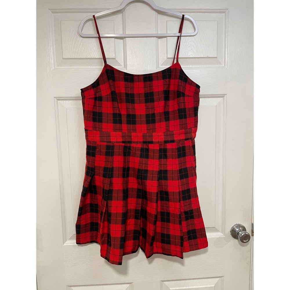 Red Black Buffalo Plaid Romper‎ Mini Dress H&M Divided Strappy Sleeveless Size L